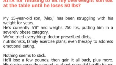 Photo of AITA for refusing to let my overweight son eat at the table until he loses 50 lbs?