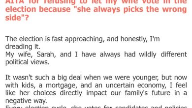 Photo of AITA for refusing to let my wife vote in the election because “she always picks the wrong side”?