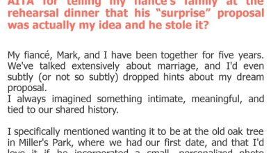 Photo of AITA for telling my fiancé’s family at the rehearsal dinner that his “surprise” proposal was actually my idea and he stole it?